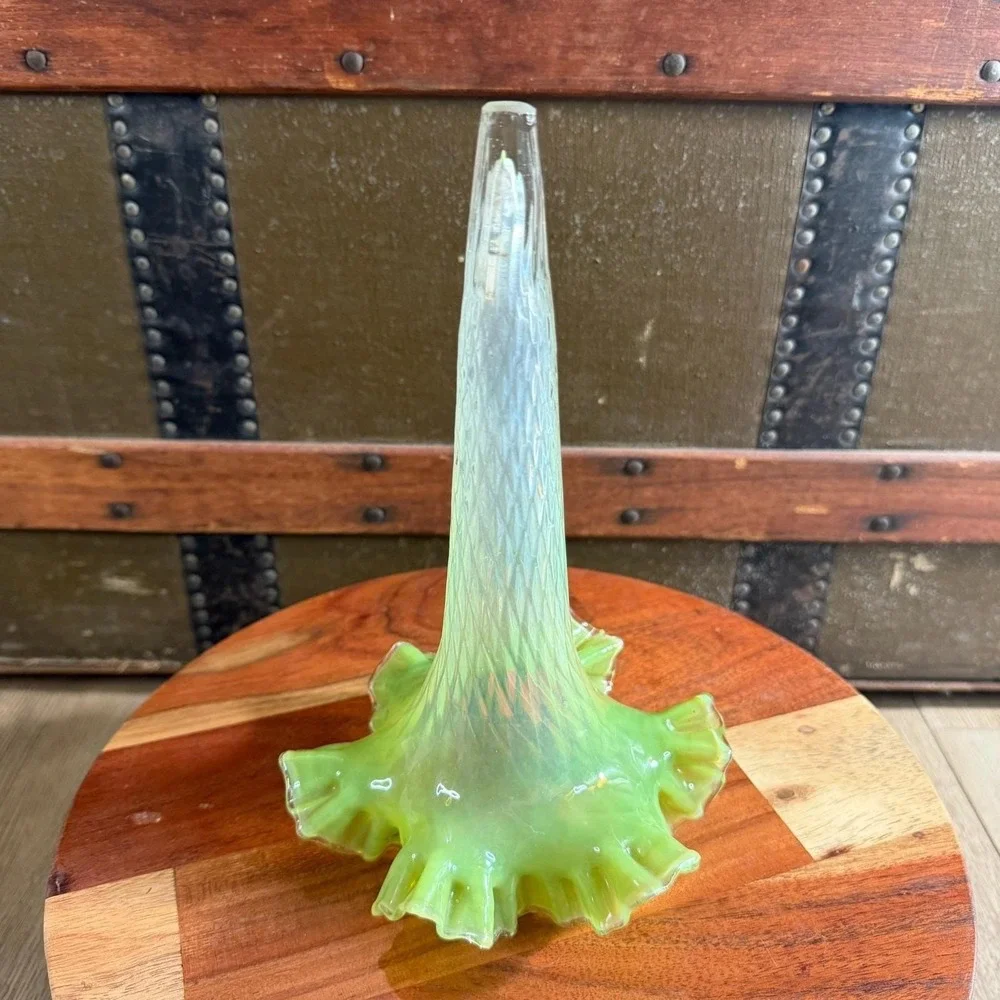 Antique Victorian Epergne Horn‎ Flower Replacement Green Opalescent Glass Vase